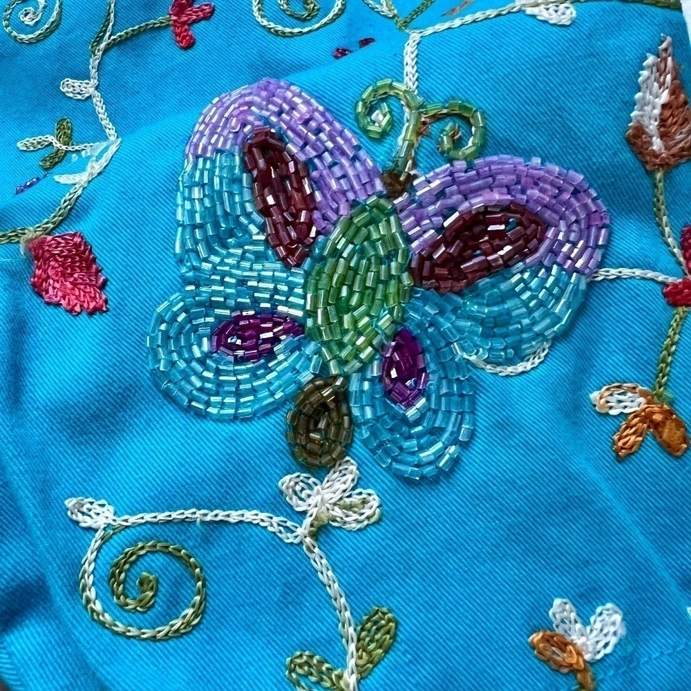 🦋 Vintage Beaded and Embroidered Butterfly and Flower Cotton Button-Up 🦋🌸